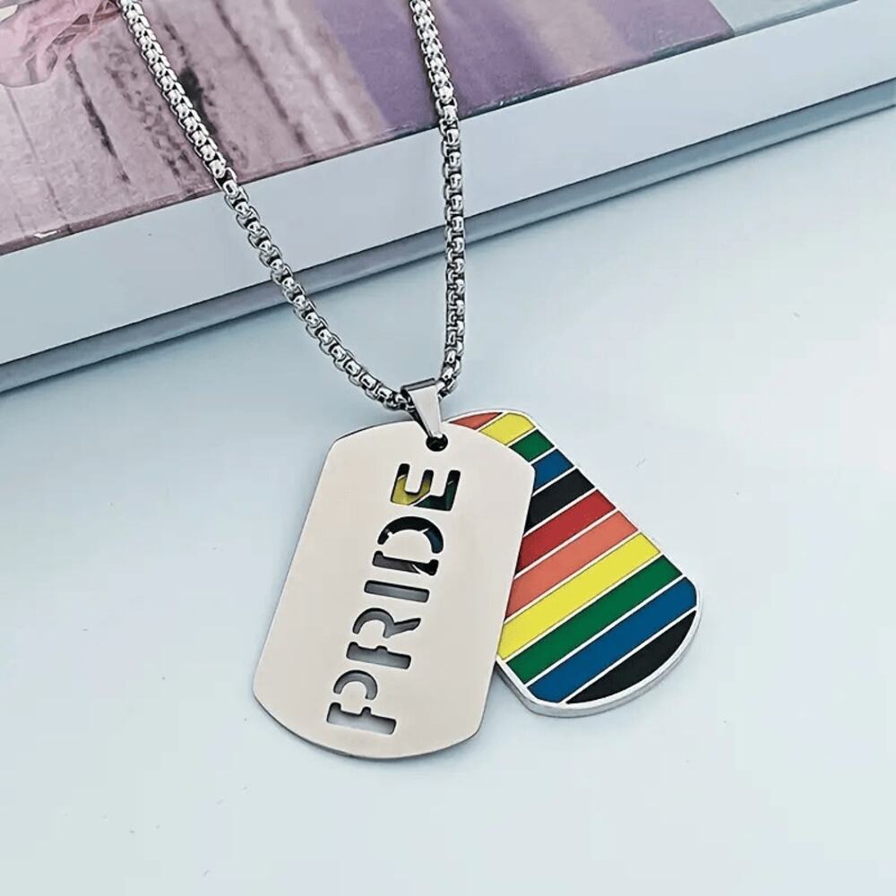 Pride Necklace Stainless Steel Mens Womens Dogtags Rainbow Pride 24 in Chain